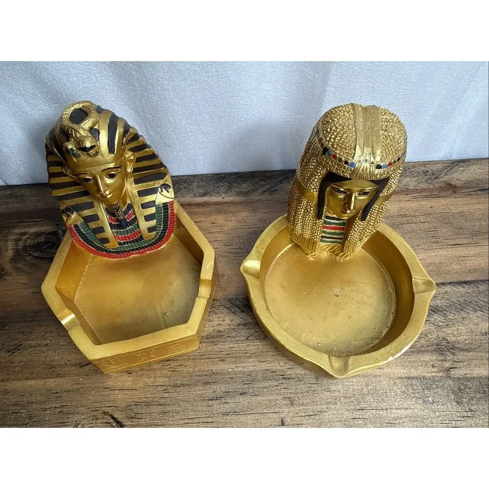 Egyptian Ashtray Set King Tut Cleopatra Gold Colored Resin Egypt Pharaoh Theme